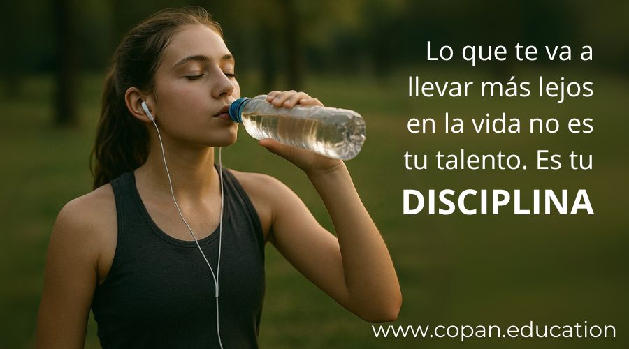 Joven estudiante subiendo escalones simbólicos que representan buenos hábitos como la disciplina