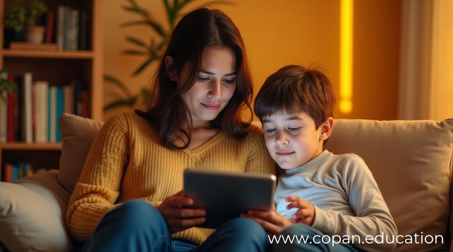 Madre conversa con su hijo adolescente mientras miran juntos una tableta, fomentando un uso consciente de la tecnología