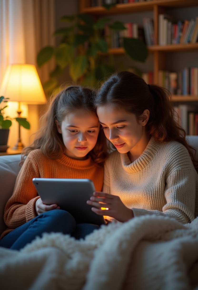 Imagen de una madre acompañando a su hija en el uso de una tableta, representando el acompañamiento familiar en el mundo digital
